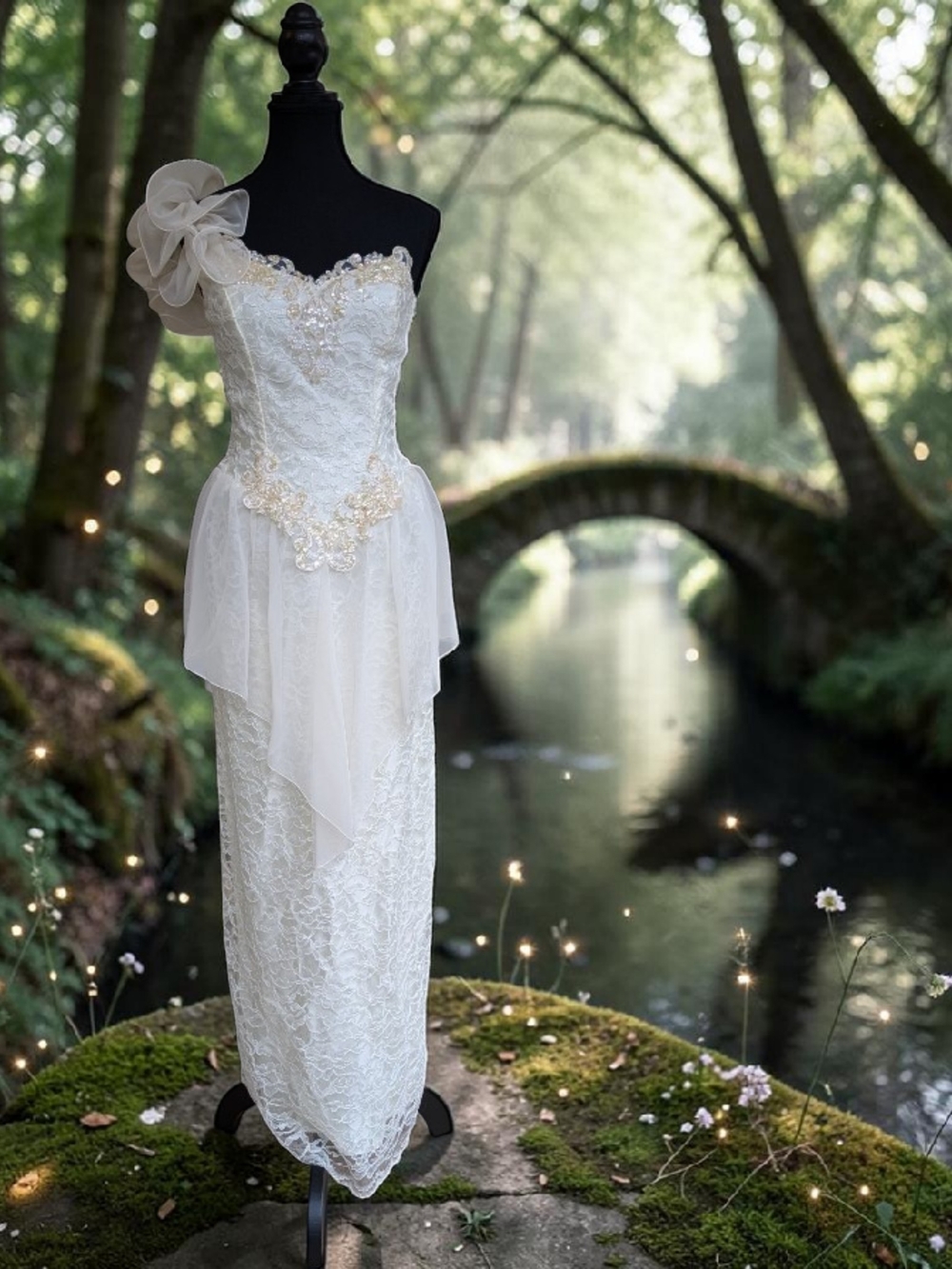 Vintage 80s/90s Alfred Angelo Ivory Wedding Dress | One-Shoulder Peplum Gown
